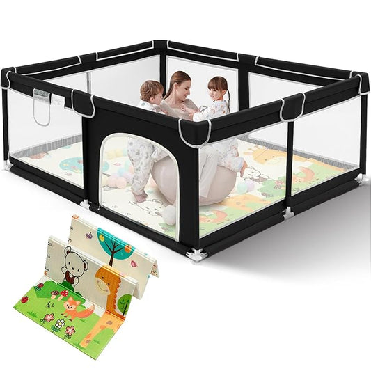 Suposeu Large Baby Playpen with Mat, Portable Baby Fence Area with Gate, Toddlers and Pets Play Yard with Non-Slip Mat, Safety Fence for Indoor and Outdoor Use(71x59 Inches, Black)