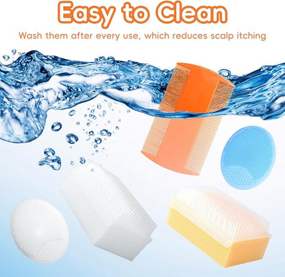 Cradle Cap Brush for Babies, Baby Bath Essentials with Silicone Scrubber Bath Sponge Dual-Sided Comb for Newborns Toddlers Boys Girls (Orange, Set of 5)