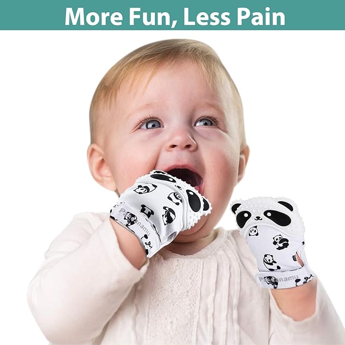 Baby Teething Mitten Panda Teether Mitten with Baby Toothbrush & Toy(2 Mittens