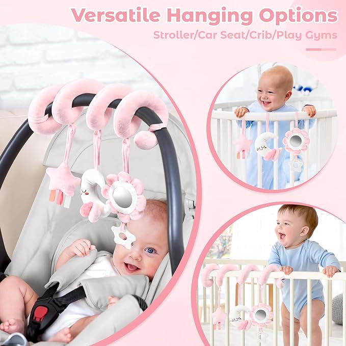 Spiral Car Seat & Stroller Activity Toy, Crib Hanging Rattles Toys for Ages 0-12 Months, Mirror, Textured Ribbons, Squeaky Carseat Stroller Toys, Newborn Baby Girl Gifts