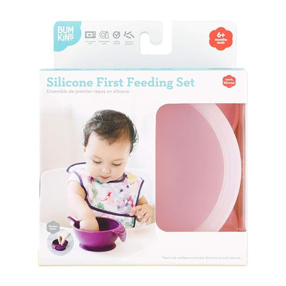 Bumkins Baby Bowl, Silicone Baby Feeding Set with Suction for Baby and Toddler, Includes Spoon and Lid, First Feeding Set, Essential for Baby Led Weaning for Babies 4 Months, Pink