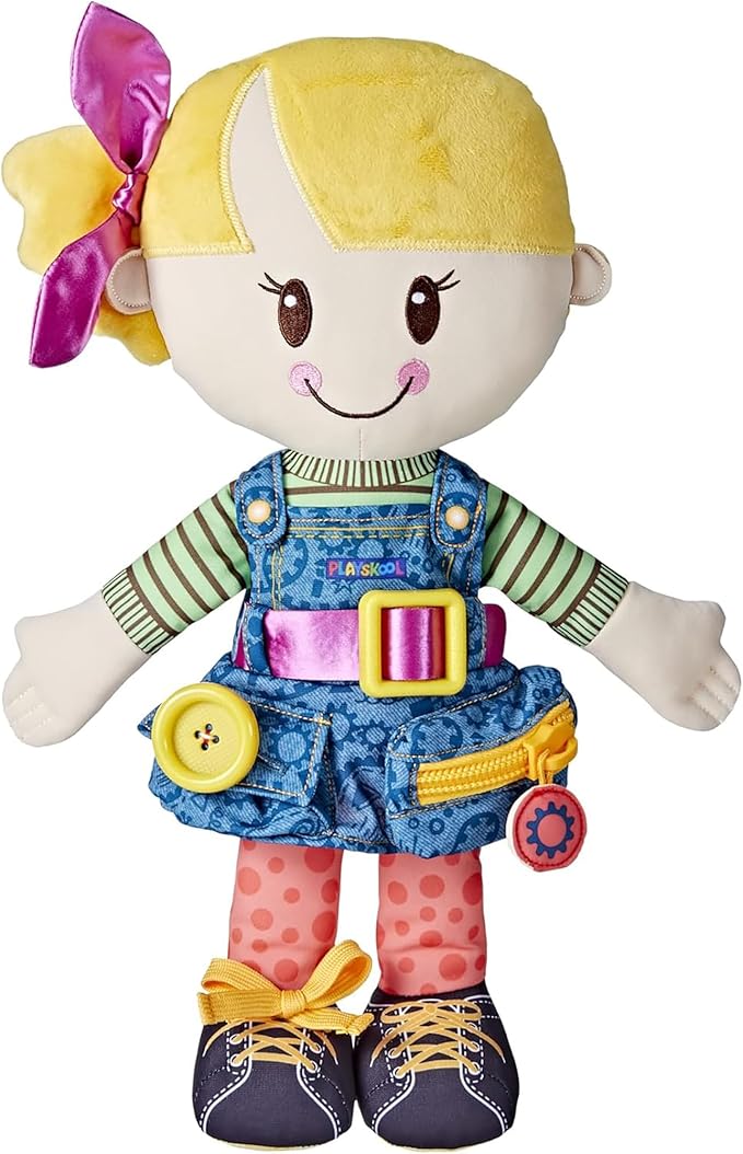 Playskool Dressy Kids Doll with Blonde Hair and Bow, Activity Plush Toy with Zipper 2 and