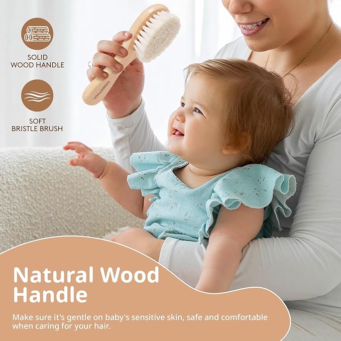Baby Hair Bush and Comb Set - Wooden Baby Hair Brush Set with Soft Goat Bristle and Baby Comb for Newborns & Toddlers, Ideal for Promotes Healthy Hair Growth, Cradle Cap