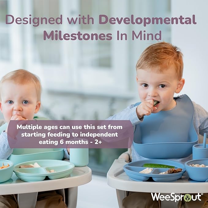 WeeSprout Baby Led Weaning Bundle, Silicone Suction Bowl, Spoons, Bib & Cup, Develops Self Feeding Skills, Dishwasher Safe (Green)