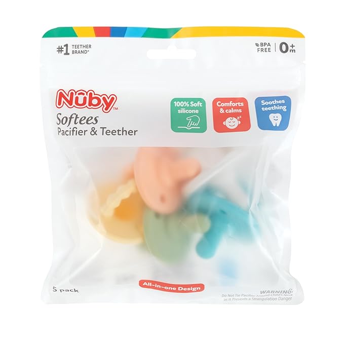 Nuby Silicone Softees Pacifier and Teethers - (5-Pack) Silicone Baby Pacifiers and Teethers 0+ Months