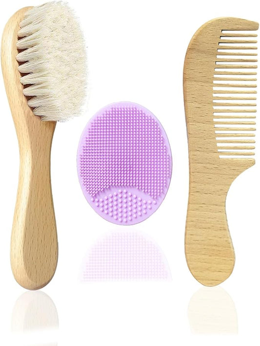 Baby Hair Brush with Wooden Handle and Comb Set for Newborns & Toddlers | Natural Soft Goat Bristles l Wood Comb l Purple Silicone Brush (3 Piece)