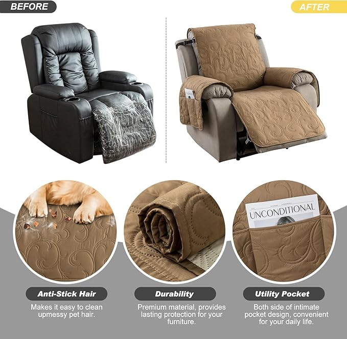 100% Waterproof Recliner Chair Cover, Recliner Chair Covers for Reclining Chair, Non-Slip Fabric Recliner Couch Cover for Living Room, for Pets Kids Protector, Washable (Camel, 23"Recliner Chair)