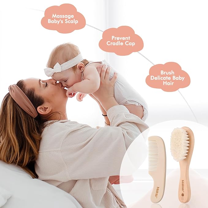 haakaa Baby Hair Brush and Comb Set for Newborns & Toddlers - Natural Soft Goat Bristles and Wooden Handle, Gently Grooms Baby's Hair, Ideal for Cradle Cap, Perfect Baby Gift, 2pk