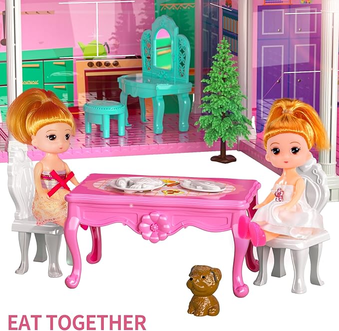 TEMI Villa Toys for 3 4 5 6 7 8 Years Old Girls - 2 Storeys 4 Rooms, Indoor Playset with 2 Dolls Toy Figures, Toys Furniture and Accessories, Pretend Girls Plays, Building Toys, Gifts Toy