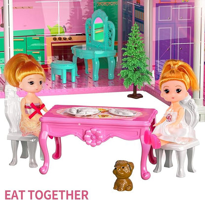 TEMI Villa Toys for 3 4 5 6 7 8 Years Old Girls - 2 Storeys 4 Rooms, Indoor Playset with 2 Dolls Toy Figures, Toys Furniture and Accessories, Pretend Girls Plays, Building Toys, Gifts Toy
