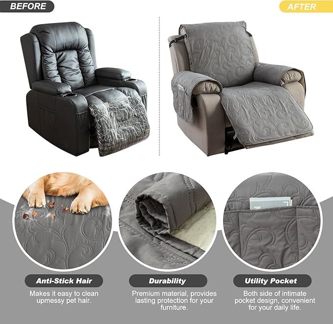 100% Waterproof Recliner Chair Cover, Recliner Chair Covers for Reclining Chair, Non-Slip Fabric Recliner Couch Cover for Living Room, for Pets Kids Protector, Washable (Light Gray, 23"Recliner Chair)