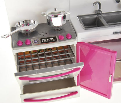 PowerTRC Doll Kitchen Play Set, Mini Modern Toy Kitchen Pretend Play Furnitures Toy Set Accessories Set with Realistic Light & Sound for Kids Toddlers Girls (3-in-1)
