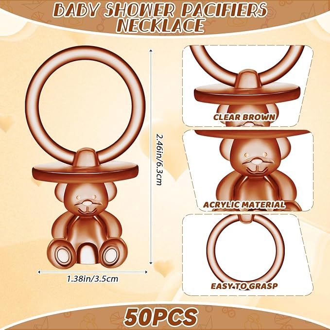 50 Pcs Acrylic Pacifier, Brown Bear Acrylic Pacifiers for Baby