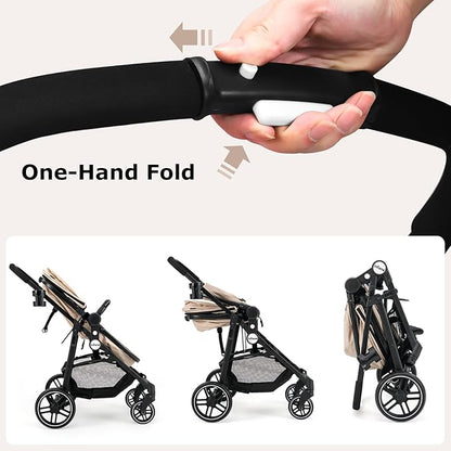 INFANS 2 in 1 Baby Stroller, High Landscape Infant Stroller & Reversible Bassinet Pram, Foldable Pushchair with Adjustable Canopy, Cup Holder, Storage Basket, Suspension Wheels (Khaki)