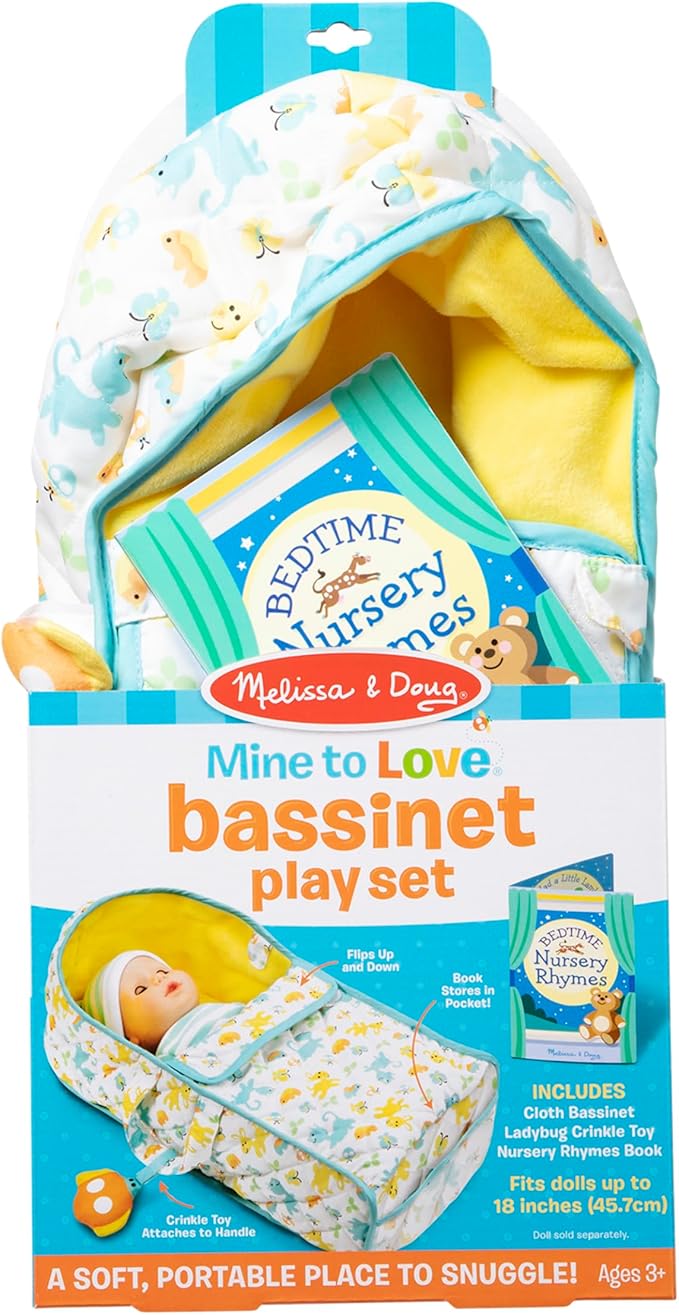 Melissa & Doug Mine to Love Bassinet Play Set Portable Carrier for Dolls with Crinkle Toy, for 3+ years