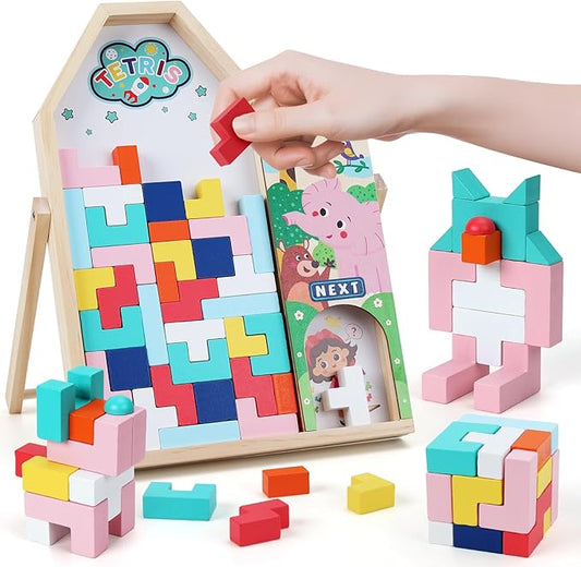 GEMEM Wooden Blocks Puzzles for Kids Ages 4-8, Thick 3D Russian Blocks Brain Teasers Tangram Jigsaw, STEM Intelligence Toys,Montessori Educational Gift for Toddlers Kids 3 4 5 6 7 8 Boys Girls