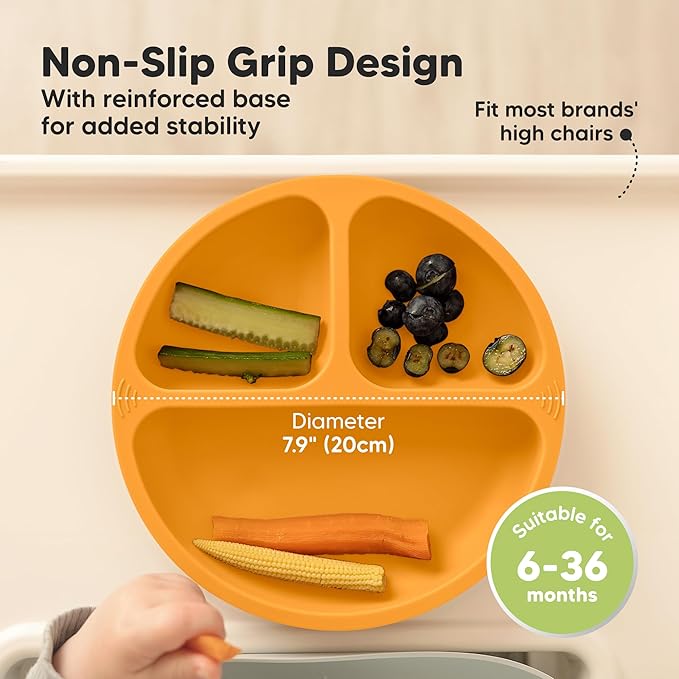 KeaBabies Suction Plates for Baby, Toddler - 3-Pack 100% Silicone Toddler Plates, Divided Baby Plates with Suction, Silicone Plates for Baby, Kids, BPA-Free, Microwave, Dishwasher Safe (Harvest)