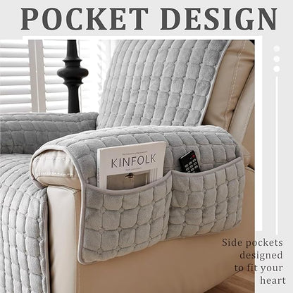Plush Recliner Slipcover 23 Inches Washable Chair Covers Artificial Wool Lazy Boy Cover Quilted Cover for Recliner Chairs and Furniture,Large Taupe Chair Protector with Side Pocket for Kids/Pets