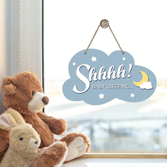 Shhhh Baby Sleeping Front Door Sign, Blue Cloud Wood Door Hanger Outdoor Outside Porch Nursery Decor