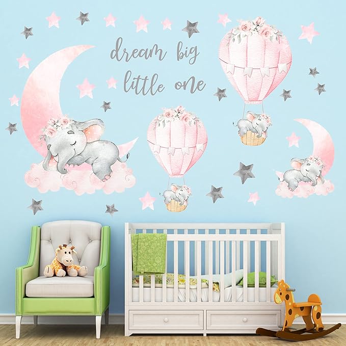 Dream Big Little One Elephant Wall Stickers, Pink Moon Hot