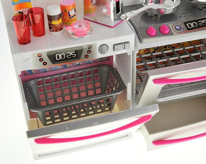 Doll Kitchen Playset, Mini Modern Kitchen Toys Pretend Play Furnitures Toy Sets Accessories Set with Realistic Light & Sound for Kids Toddlers Girls (3-in-1)