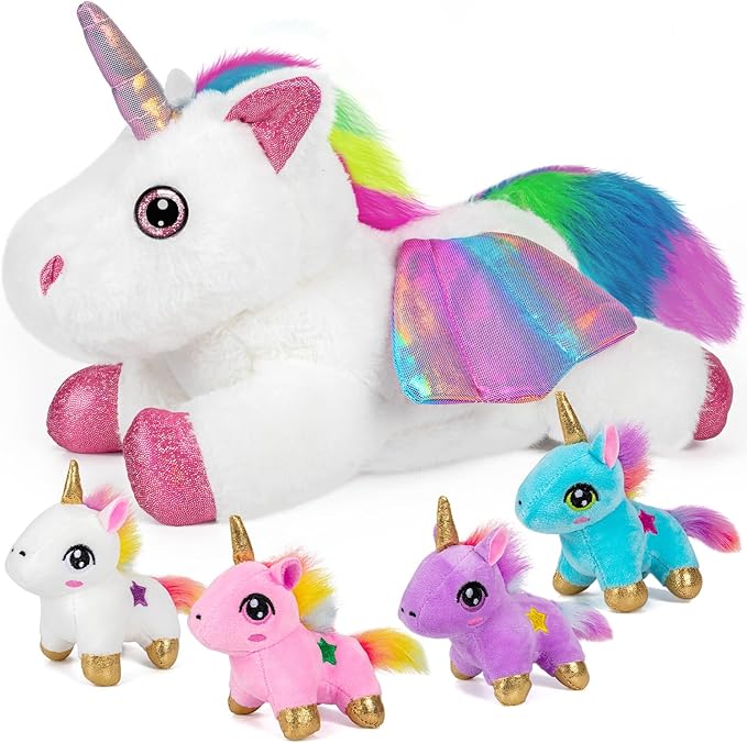 HONGTEYA Unicorn Stuffed Animals Toys, Unicorn Mommy Stuffed Animal with 4 Baby Unicorns in Her Tummy 3 4 5 6 7 8