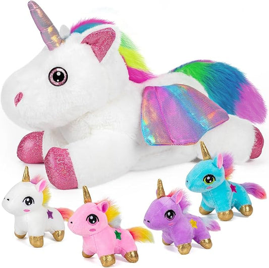 HONGTEYA Unicorn Stuffed Animals Toys, Unicorn Mommy Stuffed Animal with 4 Baby Unicorns in Her Tummy 3 4 5 6 7 8