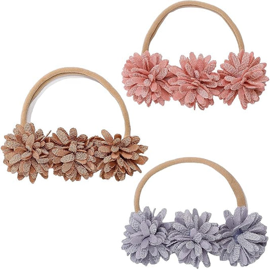 3pcs Soft & Stretchy Nylon Hairband Set for Baby Girls, Floral Headbands