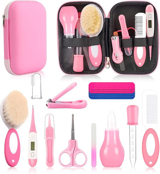 Baby Healthcare and Grooming Kit, Baby Safety Set Newborn Nursery Health Care Set with Hair Brush Scale Measuring Spoon Nail Clippers (Pink 17 in 1)