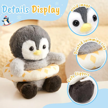 Houwsbaby 8" Cuddly Penguin Stuffed Animal,Penguin Plush Toy with Yellow Swimming Circle