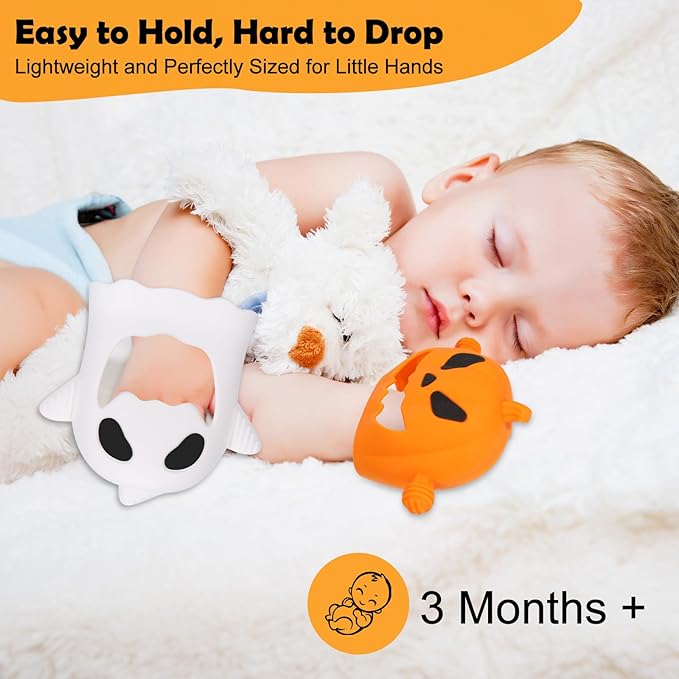 Halloween Baby Teething Mitten Toys 2Pack, Silicone Pumpkin & Ghost Teethers for Newborns