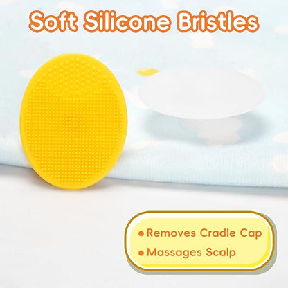 Cradle Cap Brush for Babies, Set of 5 Baby Bath Essentials with Bath Sponge Silicone Scrubber Long Handle Comb for Newborns Toddlers Boys Girls (Orange)