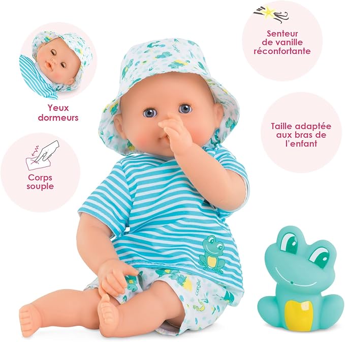 Corolle Bebe Bath Marin Baby Doll - 12" Soft-Body with Rubber Frog Toy, Safe for Water Play in Bathtub or Pool 18 Months