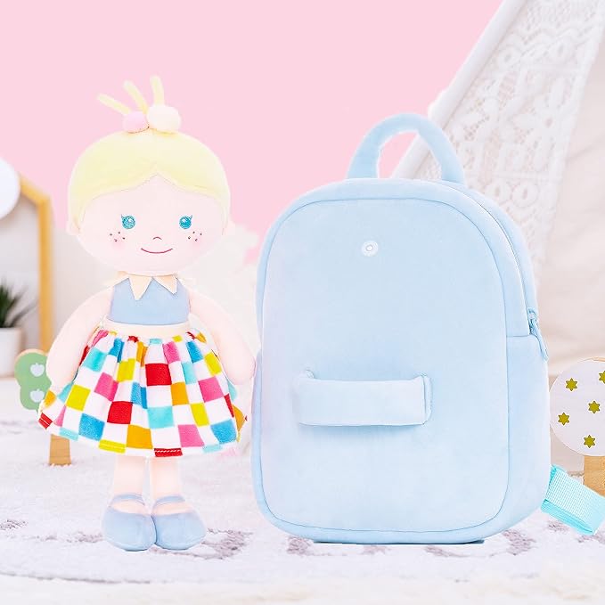 Onetoo Toddler Kids Backpack with Soft Baby Dolls in Plaid 9.5"
