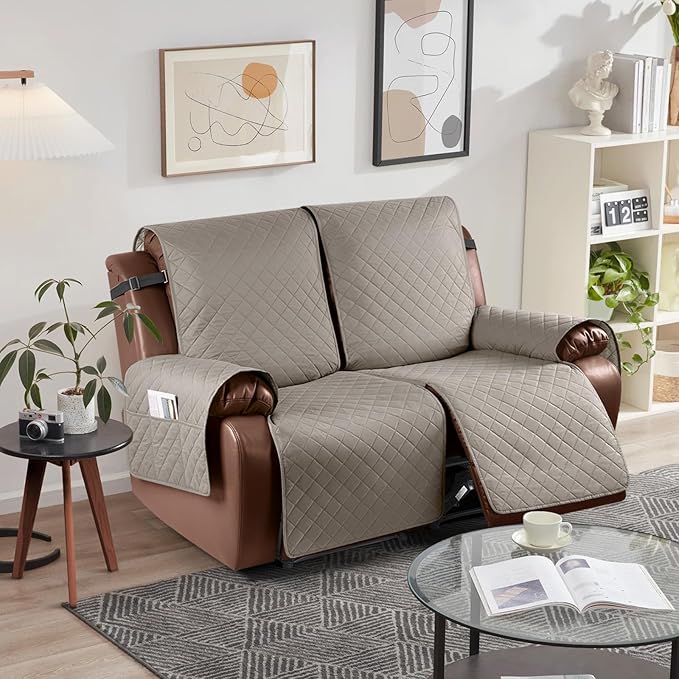 KinCam Waterproof Oversized Loveseat Recliner Cover, Non-Slip Reclining Couch Covers for 2 Seat, Recliner Sofa Cover Furniture Protector with Elastic Straps for Kids, Pets, Khaki