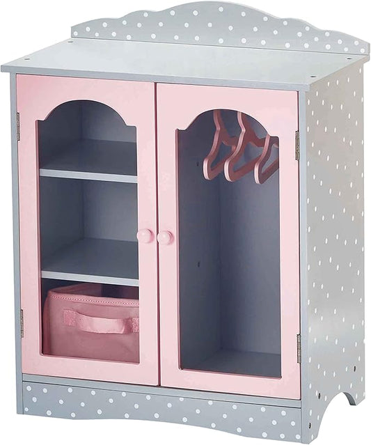 Olivia's Little World Polka Dot Princess Wooden Shaker-Style Double Closet for 18" Doll Wardrobes with Windowed Doors, Three Shelves
