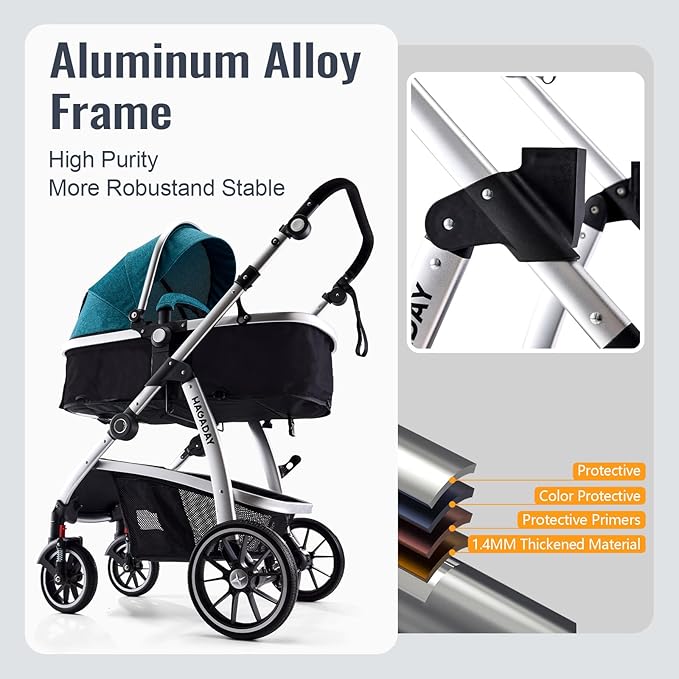 Baby Stroller, 2-in-1 Reversible Toddler Seat with Lie-Flat Mode, Foldable Infant Stroller with Canopy, One Button Brake, Adjustable Handle, Newborn Pushchair(Blue)