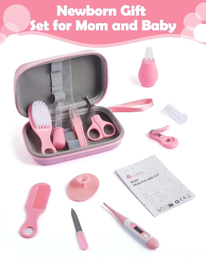 Baby Grooming and Health Kit, Lictin Nursery Care Kit, Newborn Safety Health Care Set with Hair Brush,Comb,Nail Clippers and More for Newborn Infant Toddlers Baby Girls, Pink