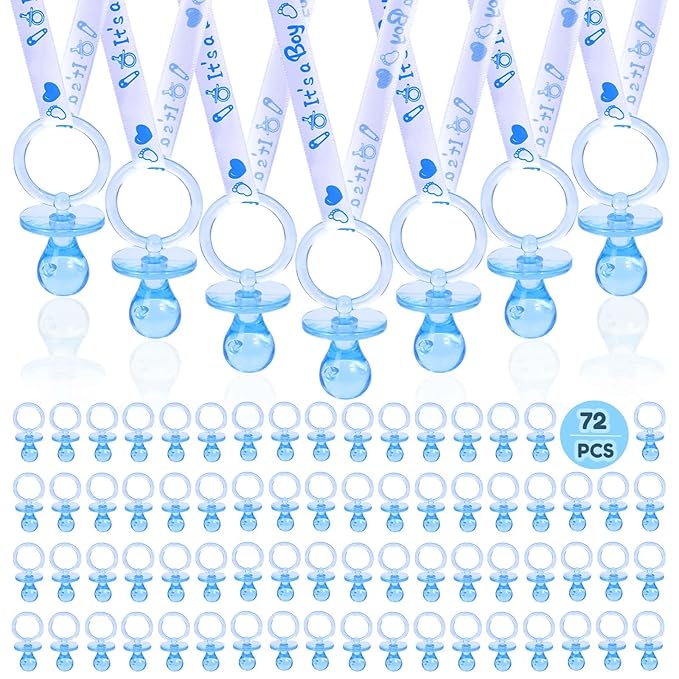 72 Baby Shower Pacifiers Necklace, Acrylic Pacifier Necklace, Cute Pacifier Necklace for Baby Shower Boys Girls Party Favors Charm/Gender Reveal Party Table Scatter/Baby Shower Necklace Game(Blue)