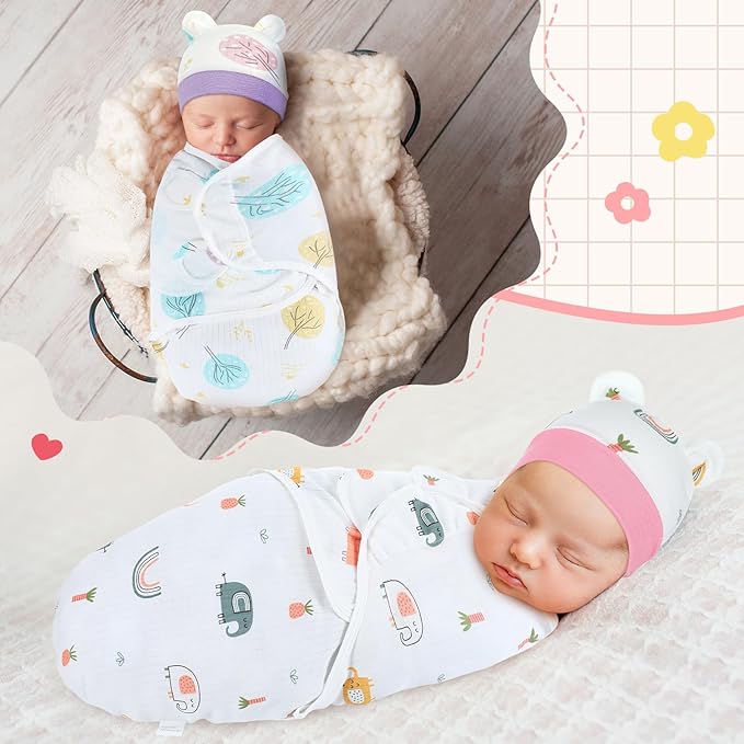 Buryeah 4 Pack Preemie Swaddle Blanket Wrap Set with Hat for Baby Boys Girls 3-7 Lbs Preemie Newborn Clothes Sleepers Cap