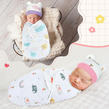 Buryeah 4 Pack Preemie Swaddle Blanket Wrap Set with Hat for Baby Boys Girls 3-7 Lbs Preemie Newborn Clothes Sleepers Cap