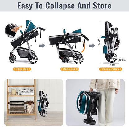 Baby Stroller, 2-in-1 Reversible Toddler Seat with Lie-Flat Mode, Foldable Infant Stroller with Canopy, One Button Brake, Adjustable Handle, Newborn Pushchair(Blue)