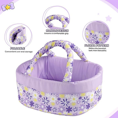 JIZHI 7 Pcs Reborn Baby Doll Clothes with Baby Doll Accessories Set for 8-9-10 Inch Dolls, Floral Pattern Baby Doll Bassinet and Unicorn Toy for Realistic Baby Doll Girls