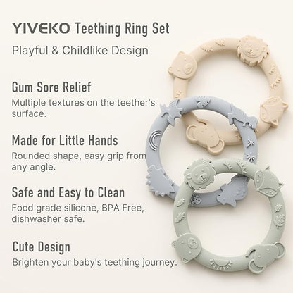 Silicone Teethers for Babies 0-6 6-12 Months Teething Toys 3 Pack-Animal-Blush