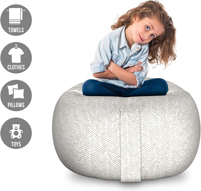 Lunarable Chevron Storage Toy Bag Chair, Hand Drawn Monochrome Herringbone Lines Composition of Abstract Zigzags, Stuffed Animal Organizer Washable Bag, Large Size, White Beige
