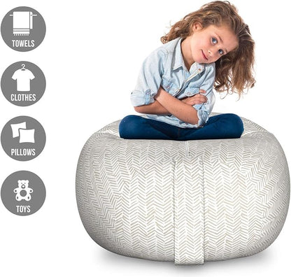 Lunarable Chevron Storage Toy Bag Chair, Hand Drawn Monochrome Herringbone Lines Composition of Abstract Zigzags, Stuffed Animal Organizer Washable Bag, Large Size, White Beige