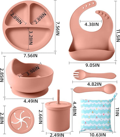 ECLIP Silicone Baby Feeding Set, 10 Pcs Baby Led Weaning Supplies with Suction Bowl Divided Plate Adjustable Bib Soft Spoon Fork Snack Cup with Lid Drinking Cup, Utensil (Brick Red)