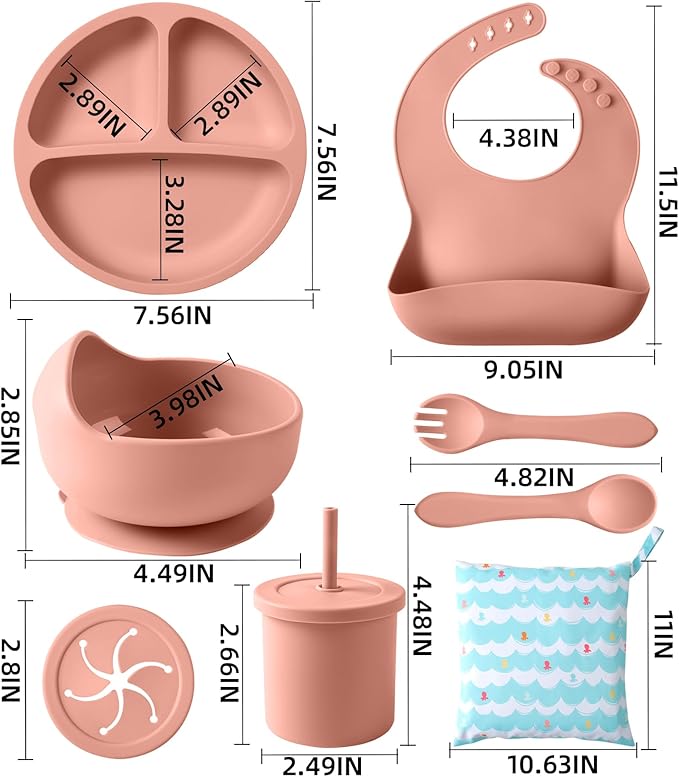 ECLIP Silicone Baby Feeding Set, 10 Pcs Baby Led Weaning Supplies with Suction Bowl Divided Plate Adjustable Bib Soft Spoon Fork Snack Cup with Lid Drinking Cup, Utensil (Brick Red)