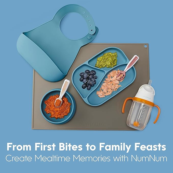 NumNum Baby Spoons Set, Pre-Spoon GOOtensils for Kids Aged 6+ Months - First Stage, Baby Led Weaning (BLW) Spoon - Self Feeding, Silicone Toddler Food Utensils - 2 Spoons, Blue/Green