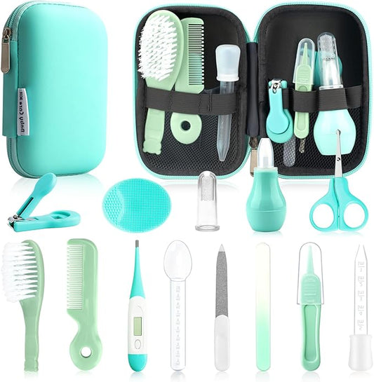 Baby Healthcare and Grooming Kit, 14 in 1 Baby Safety Set Newborn Nursery Health Care Set with Hair Brush Scale Nail Clippers for Baby Girls Boys(14 Kits Green)